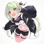  1girl :d black_jacket black_ribbon black_shorts breasts commentary_request cowboy_shot crop_top green_eyes green_hair hair_intakes hair_ribbon highres hinokuma_ran jacket long_hair long_sleeves looking_at_viewer low_twintails medium_bangs moo67410012 nanashi_inc. open_clothes open_jacket open_mouth pocket ribbon short_shorts shorts simple_background small_breasts smile solo strapless thigh_strap tube_top twintails virtual_youtuber white_background white_tube_top 