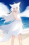  1girl absurdres ahoge animal_ear_fluff animal_ears bare_arms bare_shoulders beach blue_sky braid closed_mouth cloud collarbone commentary_request day dress feet_out_of_frame floating_hair fox_ears fox_girl fox_tail gradient_hair grey_eyes grey_hair hair_between_eyes head_tilt highres horizon kuronagi_(mitora_uwu) long_hair looking_at_viewer multicolored_hair ocean original outdoors sand single_braid sky sleeveless sleeveless_dress smile solo standing tail very_long_hair water white_dress white_hair 