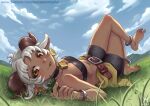  1girl 2023 ahoge animal_ears anklet bare_shoulders barefoot bell belt belt_buckle black_choker black_shorts blue_sky bracelet breasts brown_eyes buckle choker cleavage cloud cloudy_sky collarbone dark_skin earrings engraved feet field foot_blush gold_earrings gold_ring grass grasslands horizontal_pupils horns jewelry leather_belt looking_at_viewer lying maxa&#039; midriff monster monster_girl multiple_anklets navel neck_bell on_back on_grass original patreon_username shadow sheep_ears sheep_girl sheep_horns shiny_skin shorts signature silver_ring sky small_breasts spread_toes tall_grass tan toe_ring toenails toes tongue tongue_out web_address white_hair 