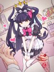  1girl alternate_costume apron black_hair black_horns blunt_bangs bow bowtie chuhoody clenched_teeth diein_(djmax) djmax djmax_respect dutch_angle enmaided hair_bow heart highres horns indoors looking_at_viewer maid maid_headdress parfait pink_bow pink_bowtie pov pov_hands puffy_short_sleeves puffy_sleeves short_sleeves solo_focus table tearing_up teeth thighhighs white_apron white_thighhighs wrist_cuffs yellow_eyes 