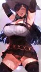  armpits arms_up black_hair black_legwear blush breasts brown_eyes c.cu commentary_request crotchless_panties hat large_breasts long_hair looking_down mole mole_under_eye original panties pubic_hair solo thick_thighs thighhighs thighs tongue underwear witch_hat 