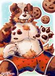 anthro belly bite boxers_(clothing) canid canine canis clothing cookie cute_expression domestic_dog eating food grin hand_on_hip hi_res looking_at_viewer male mammal olifawn one_eye_closed overweight overweight_anthro overweight_male pawpads paws reo smile solo stickers_on_body tail underwear wink