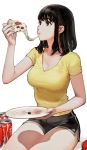  black_hair brown_eyes can eating food highres holding jun_(seojh1029) medium_hair original pizza plate simple_background soda_can solo white_background 