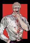  1boy blonde_hair blood blood_on_clothes blood_on_face blood_on_hands donquixote_doflamingo earrings eyes_visible_through_eyewear highres holding jewelry male_focus mature_male one_piece open_clothes open_mouth shirt short_hair smile sunglasses teeth zkc_fes 