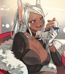  1girl :d animal_ears artist_name black_choker black_dress boku_no_hero_academia bracelet breasts cake carrot_cake choker cleavage collarbone commentary crescent_choker cross cross_earrings dark-skinned_female dark_skin dress earrings feather_boa food gloves holding holding_cake holding_food jewelry kadeart large_breasts long_eyelashes long_hair looking_at_food mirko parted_bangs pearl_bracelet ponytail rabbit_ears rabbit_girl red_eyes smile solo symbol-only_commentary teeth upper_body upper_teeth_only white_gloves white_hair 