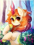  2018 autumn_blaze_(mlp) detailed_background digital_media_(artwork) eyelashes feral forest friendship_is_magic fur hooves horn kirin koveliana looking_at_viewer my_little_pony scales solo standing tree yellow_eyes 