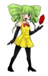  1girl black_gloves blush chiimako commentary dress drill_hair full_body gem gloves green_hair humanization mario_(series) mimi_(paper_mario) one_eye_closed open_mouth paper_mario personification polka_dot polka_dot_dress red_eyes red_gemstone sidelocks smile solo super_paper_mario twin_drills twintails yellow_dress 