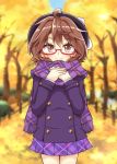  ahoge aki_chimaki autumn_leaves brown_eyes brown_hair commentary_request cowboy_shot glasses hands_on_own_chest hat highres jacket looking_at_viewer plaid plaid_scarf plaid_skirt pleated_skirt purple_scarf purple_skirt red-framed_eyewear scarf semi-rimless_eyewear skirt smile solo standing touhou under-rim_eyewear usami_sumireko 