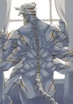 2023 6_arms back_muscles big_muscles biped blue_body exposed_bone humanoid hyackban looking_out_window male markings monster multi_arm multi_limb muscular muscular_humanoid muscular_male nude orange_markings rear_view solo white_curtains