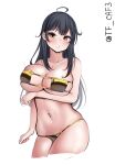  1girl ahoge alternate_costume bikini black_hair blush breasts brown_eyes cowboy_shot gold_bikini highres kantai_collection large_breasts long_hair looking_at_viewer one-hour_drawing_challenge simple_background solo swimsuit tf_cafe twitter_username ushio_(kancolle) white_background 