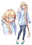  :d ^_^ bangs blonde_hair blue-framed_eyewear blue_eyes blush braid closed_eyes closed_mouth contemporary denim fate/grand_order fate_(series) full_body glasses hair_over_shoulder jeanne_d'arc_(fate) jeanne_d'arc_(fate)_(all) jeans long_braid long_hair multiple_views ne-on open_mouth pants single_braid smile very_long_hair waving white_background 