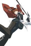  1boy absurdres axe boots highres holding holding_weapon jacket looking_to_the_side pants red_eyes red_hair solo sousou_no_frieren stark_(sousou_no_frieren) weapon white_background wqdofjpeqs63235 