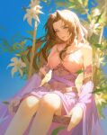  1girl absurdres aerith_gainsborough alternate_costume bodystocking breasts brown_hair detached_sleeves final_fantasy final_fantasy_vii final_fantasy_vii_remake green_eyes highres iamc95 long_hair looking_at_viewer parted_lips purple_skirt purple_sleeves skirt solo swing underboob wide_sleeves 