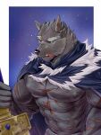 2022 abs anthro biceps black_body black_fur black_nipples black_nose blaidd_(elden_ring) canid canine canis chest_scar cloak clothing colored dj28sj elden_ring eyebrows facial_scar fromsoftware fur grey_eyebrows hi_res holding_object holding_sword holding_weapon male mammal melee_weapon muscular muscular_anthro muscular_male nipples pecs scar solo sword thick_eyebrows triceps weapon wolf