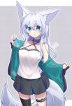  1girl animal_ear_fluff animal_ears black_gloves black_jacket black_skirt black_thighhighs blue_eyes blush camisole criss-cross_halter fingerless_gloves fox_ears fox_girl fox_tail gloves grey_background grey_hair hair_between_eyes halterneck jacket long_hair long_sleeves looking_at_viewer off_shoulder open_clothes open_jacket original pleated_skirt puffy_long_sleeves puffy_sleeves shirogane_kasane single_thighhigh skirt solo standing surume_aburi tail thighhighs two-tone_background white_background white_camisole 