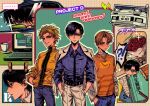  !? ... 3boys black_hair black_necktie blue_eyes blue_pants blue_shirt bouquet brown_eyes brown_hair car cigarette collared_shirt cross cross_necklace denim flower fujiwara_takumi grey_shirt hands_in_pockets highres initial_d jacket jeans jewelry layered_sleeves license_plate lightning_bolt_symbol long_sleeves looking_at_viewer looking_to_the_side male_focus mazda mazda_rx-7 mazda_rx-7_fc motor_vehicle multiple_boys necklace necktie orange_shirt pants parted_lips pencil red_flower red_rose rose shirt smile sparkle spoken_ellipsis sports_car takahashi_keisuke takahashi_ryousuke textbook thinking track_jacket white_pants yejian_feixing yellow_jacket 