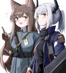  2girls :d absurdres animal_ear_fluff animal_ears arknights black_shirt blue_jacket blush brown_eyes brown_gloves brown_hair closed_mouth collared_shirt dress_shirt elbow_gloves flying_sweatdrops franka_(arknights) gloves grey_hair grey_shirt grey_skirt hair_between_eyes hand_on_another&#039;s_shoulder highres holding horns jacket liskarm_(arknights) long_hair long_sleeves multiple_girls notice_lines open_clothes open_jacket pleated_skirt ponytail puffy_long_sleeves puffy_sleeves shirt simple_background skirt sleeves_past_wrists smile spam_(spamham4506) very_long_hair white_background 
