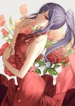  bang_dream! bare_arms bare_shoulders blush breasts collarbone commentary_request dress fingernails flower gambe grey_background hands_up leaning_back long_hair looking_at_viewer looking_to_the_side parted_lips petals ponytail purple_hair red_dress red_eyes red_flower red_rose rose rose_petals seta_kaoru sleeveless sleeveless_dress small_breasts solo very_long_hair 