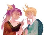  2girls aqua_shirt blonde_hair breasts cleavage dragon_horns hair_ribbon high_ponytail highres holding holding_smoking_pipe horns japanese_clothes kicchou_yachie kimono komakusa_sannyo long_sleeves multiple_girls off_shoulder puffy_long_sleeves puffy_sleeves purple_hair red_eyes red_kimono ribbon ringo_orihara shirt simple_background smile smoking smoking_pipe touhou turtle_shell upper_body white_background yellow_ribbon 