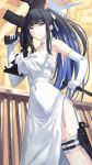  1girl bare_shoulders black_hair blue_archive blue_eyes breasts choker collarbone combat_knife commentary covered_navel dress elbow_gloves garter_straps gloves gun halo highres holster kamo_ashi knife large_breasts long_hair looking_at_viewer ponytail saori_(blue_archive) side_slit solo thighs weapon white_dress white_gloves 