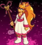 anthro asian_clothing big_breasts breasts canid canine ceroba_(undertale_yellow) cleavage clothed clothing east_asian_clothing female fox fur hair hi_res japanese_clothing kimono long_hair mammal orange_body orange_fur pink_eyes solo springhell1201 staff undertale_(series) undertale_yellow
