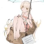  1girl absurdres bakemonogatari bare_legs bare_shoulders barefoot blonde_hair box camisole cardboard cardboard_box constricted_pupils english_text feet for_adoption hair_between_eyes highres holding holding_umbrella homeless in_box in_container knees_up long_hair monogatari_(series) off_shoulder oshino_shinobu pastry_box pink_camisole poverty pursed_lips shishirui_san sign thighs toes transparent transparent_umbrella umbrella very_long_hair water_drop wet white_background yellow_eyes 