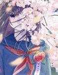  1girl arms_at_sides blue_sailor_collar blue_shirt branch brown_hair cherry_blossoms closed_mouth corsage crying crying_with_eyes_open falling_petals flower kumagaya_nono long_hair long_sleeves looking_at_viewer neckerchief one_eye_covered original petals pink_eyes red_flower red_neckerchief red_rose rose sailor_collar shirt smile solo straight-on straight_hair tears upper_body 