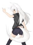  1girl absurdres ahoge animal_ear_fluff animal_ears arm_up black_hoodie black_shorts black_thighhighs closed_mouth commentary_request feet_out_of_frame fox_ears fox_girl fox_tail from_behind green_eyes highres hood hood_down hoodie kuronagi_(mitora_uwu) long_hair looking_to_the_side original short_hair short_shorts shorts simple_background solo standing tail thighhighs very_long_hair white_background white_hair 