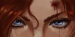  1girl blood blood_on_face blue_eyes close-up eye_focus eye_reflection eyelashes freckles highres league_of_legends liri_runa looking_at_viewer miss_fortune_(league_of_legends) red_hair reflection solo straight-on 