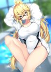  absurdres antenna_hair arms_behind_head arms_up bangs black-framed_eyewear blonde_hair blue_eyes blue_sky blurry blurry_background blush breasts closed_mouth collarbone commentary_request competition_swimsuit covered_navel dated day depth_of_field dutch_angle embarrassed eyebrows_visible_through_hair fate_(series) glasses groin hair_between_eyes high_ponytail highleg highleg_swimsuit highres hips indoors jacket jeanne_d'arc_(fate)_(all) jeanne_d'arc_(swimsuit_archer) knee_up large_breasts light_smile long_hair long_ponytail long_sleeves looking_at_viewer nebusoku nose_pads one-piece_swimsuit open_clothes open_jacket ponytail pool poolside raised_eyebrows rectangular_eyewear sidelocks signature sitting sky solo starting_block swimsuit thighs tree twitter_username very_long_hair water white_jacket white_swimsuit wide_ponytail window 