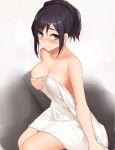  bare_shoulders black_hair blue_eyes breasts cccpo cleavage collarbone eyebrows_visible_through_hair large_breasts looking_at_viewer naked_towel onsen original raised_eyebrows short_hair solo thighs tied_hair towel wavy_mouth wet 