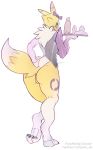  blue_eyes bow butt clothed clothing condom digimon female fur looking_at_viewer looking_back pawpads plate rear_view renamon sex_toy simple_background solo white_background white_fur yellow_fur zoyler 