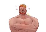  1boy beard blush covering_chest covering_privates facial_hair final_fantasy final_fantasy_xiv flower_(symbol) full_beard glasses happy_aura highres large_pectorals male_focus mature_male muscular muscular_male nude pectorals roegadyn scar short_hair shy solo sparse_arm_hair sparse_chest_hair thick_beard thick_eyebrows upper_body volflamm warrior_of_light_(ff14) 