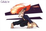 bottomwear canid canine clothing coffeefly crouching female fennec_fox fire fox hi_res jacket mammal pants simple_background solo te topwear true_fox