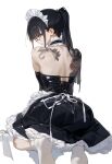  1girl back_tattoo black_hair collar commentary_request detached_sleeves dress frilled_collar frills glasses gloves highres kneeling latex latex_dress latex_gloves maid maid_headdress original ponytail sagawa_gawa socks solo tattoo white_background white_socks yellow_eyes 