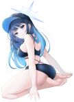  1girl ass bare_shoulders barefoot baseball_cap bikini black_bikini black_hair black_headwear blue_archive blue_eyes breasts halo hat highres koflif large_breasts long_hair looking_at_viewer looking_back saori_(blue_archive) seiza sitting solo swimsuit 