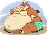  anthro belly big_belly canine chubby_cheeks clothed clothing dessert dhole double_chin eating featherhead food half-closed_eyes holding_food holding_object hyper hyper_belly male mammal moobs morbidly_obese navel obese overweight overweight_male shorts sitting smile solo thick_thighs topless 
