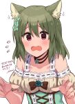  animal_ears artist_name bare_shoulders blush breasts brown_corset choker collarbone corset detached_sleeves dot_nose dress embarrassed fake_animal_ears fang furrowed_brow green_hair hair_between_eyes highres idolmaster idolmaster_million_live! idolmaster_million_live!_theater_days ima_(lm_ew) lace-trimmed_dress lace_trim motion_lines nagayoshi_subaru open_mouth puffy_short_sleeves puffy_sleeves red_eyes ribbon short_hair short_sleeves sidelocks simple_background small_breasts straight_hair sweatdrop upper_body wavy_mouth white_background 
