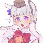  1girl animal_ears blunt_bangs bow bowtie collared_dress dress ear_bow ear_ribbon elbow_gloves eyebrows_hidden_by_hair gloves gold_ship_(umamusume) grey_hair hat horse_ears horse_girl long_hair looking_at_viewer open_mouth pillbox_hat purple_bow purple_eyes red_bow red_bowtie red_dress solo tishacat umamusume v white_background white_gloves 