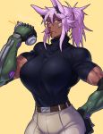  animal_humanoid belt biceps big_breasts breasts brown_skin can canine cigarette clothed clothing cybernetics cyborg dantera_rina face_paint facial_scar female hair hand_on_hip humanoid hutago inner_ear_fluff machine mammal muscular muscular_female pants pink_eyes pink_hair ponytail scar solo turtleneck wolf_humanoid 