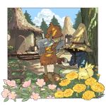  1boy 1other black_mage_(final_fantasy) blue_coat blue_shirt book boots border brown_footwear brown_gloves coat final_fantasy final_fantasy_ix flower gloves green_pants hands_on_own_hips hat highres holding holding_book hut open_book orange_footwear orange_overalls outdoors overalls pants pine_tree pink_flower reading shirt sitting soraoyogusakana striped_clothes striped_pants tree under_tree vivi_ornitier whiskers white_border wizard_hat yellow_eyes yellow_flower 