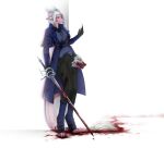 2024 abstract_background absurd_res anthro blood blood_on_face blood_on_feet blood_on_floor blood_on_weapon bodily_fluids bottomwear clothed clothing coat crying dragon eiris_(saren662) female fully_clothed fur furred_dragon grey_horn hair hi_res holding_object holding_photo holding_weapon horn looking_at_object mask mythological_creature mythological_scalie mythology pants pink_body pink_eyes reyzvar sad scalie solo tears topwear weapon white_hair