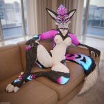 1:1 3d_(artwork) 4k absurd_res animal_genitalia anthro biped black_body black_fur blender_(software) blender_cycles blue_body blue_eyes blue_fur breasts canid canine canine_genitalia claws clitoris collar collar_tag depth_of_field digital_media_(artwork) dragonplayer feet feet_on_sofa female fox fur furniture genitals hair hi_res hindpaw inside knot living_room looking_at_viewer mammal mouth_closed multicolored_body nipples on_sofa paws pink_body pink_fur pussy reflection rexouium sifa sitting sitting_on_sofa slim slim_anthro slim_male smile sofa solo spread_legs spreading tail teasing teasing_viewer toe_claws toes white_body white_fur window