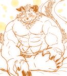 abs absurd_res anthro behemoth_(tas) blush eyebrows hi_res horn lifewonders male moku_nameko monster muscular muscular_anthro muscular_male nipples pecs sitting solo thick_eyebrows tokyo_afterschool_summoners tongue tongue_out