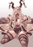  1girl absurdres azur_lane bare_shoulders black_skirt blonde_hair braid breasts brown_gloves brown_horns brown_thighhighs commentary_request fishnet_thighhighs fishnets gloves hair_over_one_eye hand_on_own_chest highres horn_ornament horns huge_breasts large_horns long_sleeves looking_at_viewer low_twin_braids majinno miniskirt owari_(azur_lane) pleated_skirt simple_background skirt smile solo thighhighs twin_braids white_background yellow_eyes zettai_ryouiki 