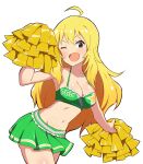  :d absurdres ahoge bare_shoulders blonde_hair blush breasts cheerleader cleavage collarbone cowboy_shot dot_nose fluffy_hair green_eyes green_skirt green_tank_top highres holding holding_pom_poms hoshii_miki idolmaster large_breasts long_hair looking_at_viewer miniskirt navel nejime_(nejimeinu) one_eye_closed open_mouth pom_pom_(cheerleading) simple_background skirt smile tank_top thighs very_long_hair wavy_hair white_background 