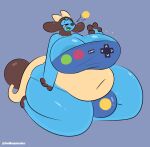 anthro areola areola_slip belli_(swallowpancakes) belly big_belly big_breasts big_bulge bloated blue_body bottomwear bovid bovine breasts bulge clothed clothing curvy_figure exposed_belly eyelashes female game_controller_shirt generation_2_pokemon gynomorph hooves horn huge_bulge hyper hyper_bulge intersex long_tail mammal miltank navel nintendo one_eye_closed open_mouth overweight overweight_anthro overweight_female pokemon pokemon_(species) simple_background sitting solo swallowpancakes tail thick_thighs topwear voluptuous voluptuous_anthro voluptuous_female wide_hips wink