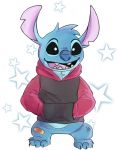  &lt;3 2018 4:5 4_toes absurd_res alien band-aid bandage black_eyes blue_fur blue_nose bottomless chest_tuft claws clothed clothing digital_drawing_(artwork) digital_media_(artwork) disney experiment_(species) fur hands_in_pockets head_tuft hi_res hoodie lilo_and_stitch notched_ear open_mouth open_smile sharkall smile solo standing star_background stitch toe_claws toes tuft 