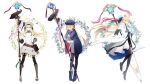  1girl absurdres ahoge armor artoria_caster_(fate) artoria_caster_(first_ascension)_(fate) artoria_caster_(second_ascension)_(fate) artoria_caster_(third_ascension)_(fate) artoria_pendragon_(fate) black_gloves black_leggings blonde_hair blue_cape blue_footwear blue_hat bow breastplate cape crown fate/grand_order fate_(series) flower_wreath gloves green_eyes grey_footwear grey_hat hair_bow hat highres holding holding_staff leggings ninjin_(ne_f_g_o) staff sword twintails variations weapon white_cape 