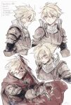  &gt;:( 1boy angry armor blonde_hair blood blood_on_clothes blood_on_face blood_on_weapon breastplate brown_gloves bruise bruise_on_face cape cropped_torso elbow_gloves gloves gorget hair_between_eyes highres holding holding_sword holding_weapon injury live_a_live multiple_views oersted omomomizu one_eye_covered pauldrons red_cape serious short_hair shoulder_armor simple_background sword translation_request upper_body v-shaped_eyebrows weapon white_background yellow_eyes 